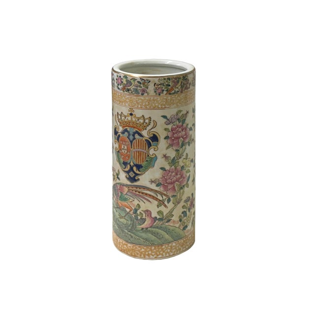 Vintage Chinese Western Flags Flower Birds Graphic Column Vase Holder For Sale In San Francisco - Image 6 of 6