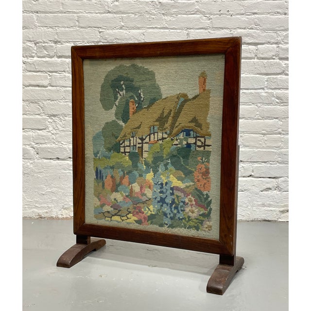 Antique Needlepoint Fires Screen With Cottage Garden Scene, Wood Framed Hearth Screen, C. 1920s–1940s For Sale - Image 10 of 11
