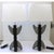 This stylish "totem form" pair of French table lamps date to the 1950s-1960s. Note: Shade dimensions are 12.50" top width...