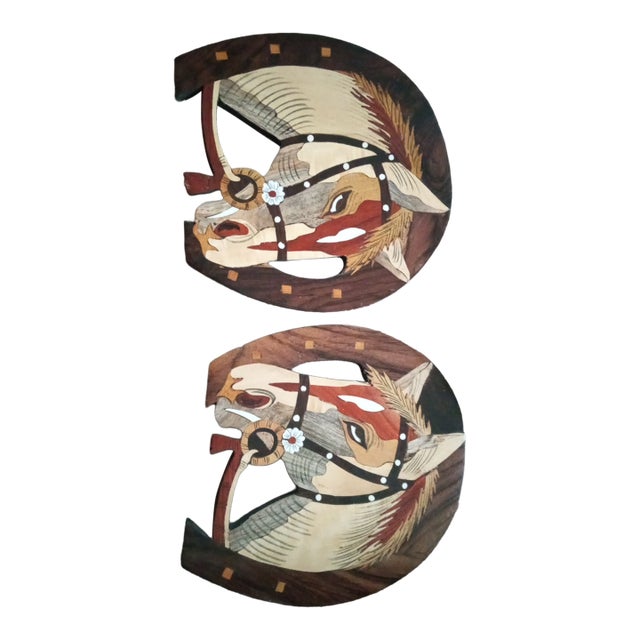 Gorgeous Pair of Hand Painted Wooden Horseshoe Wall Plaques. For Sale