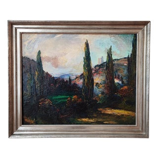 Laure Stella Bruni, Paysage aux cyprès, Oil on Canvas, Framed For Sale