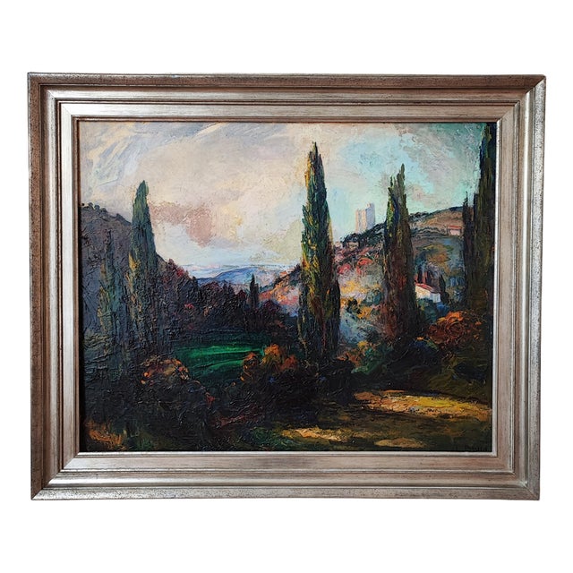 Laure Stella Bruni, Paysage aux cyprès, Oil on Canvas, Framed For Sale