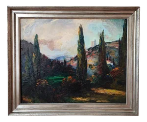 Laure Stella Bruni, Paysage aux cyprès, Oil on Canvas, Framed