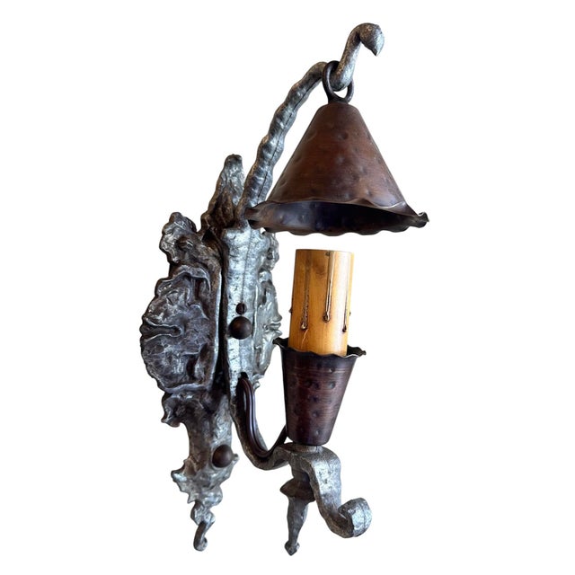 1920s Mixed Metal Tudor/Gothic Storybook Wall Sconces With Copper Smoke Bells - Pair For Sale - Image 4 of 6