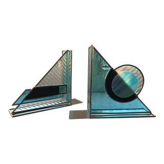 1990s Modernist Stained Glass Geometric Bookends - a Pair For Sale