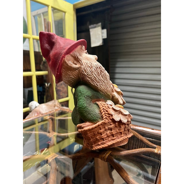 Late 20th Century Gnome Gathering Flowers Looking Up Garden Weathered Elf Fairy For Sale - Image 4 of 4