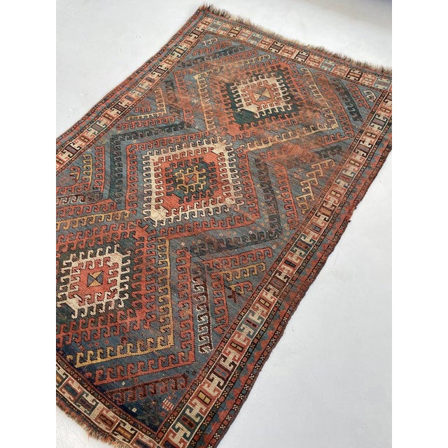 Antique with Ram Horn Outlined Diamonds with Terracotta, Emerald Green, & Wheat Hues Caucasian Rug 4.4 x 6.4 For Sale - Image 13 of 16
