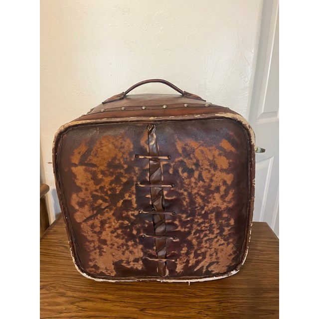 Modern 1990s Tooled Leather Ottoman Plain With Nailheads Antique Brown For Sale - Image 3 of 12