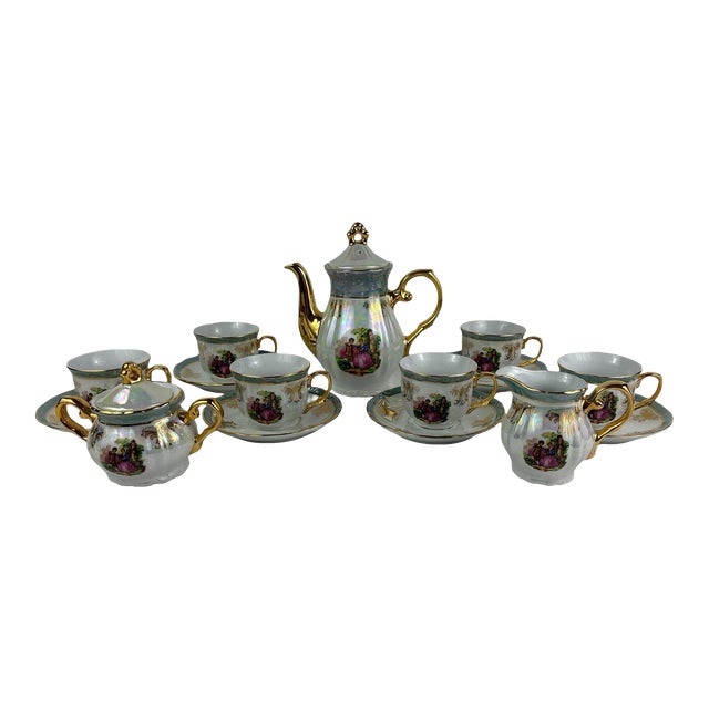 Vintage Yusui Porcelain 24k Gold Trim Lusterware Coffee Service, 15 Pcs. For Sale