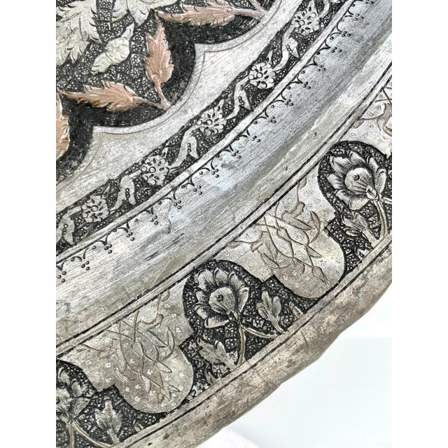 Metal Vintage Islamic Moroccan 34" Engraved Silver Copper Tray Table Top For Sale - Image 7 of 10