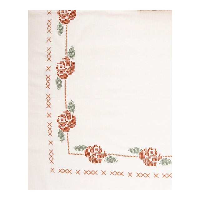 Sharland England Cross-Stitched Rose Tapestry Tablecloth with Red Floral For Sale