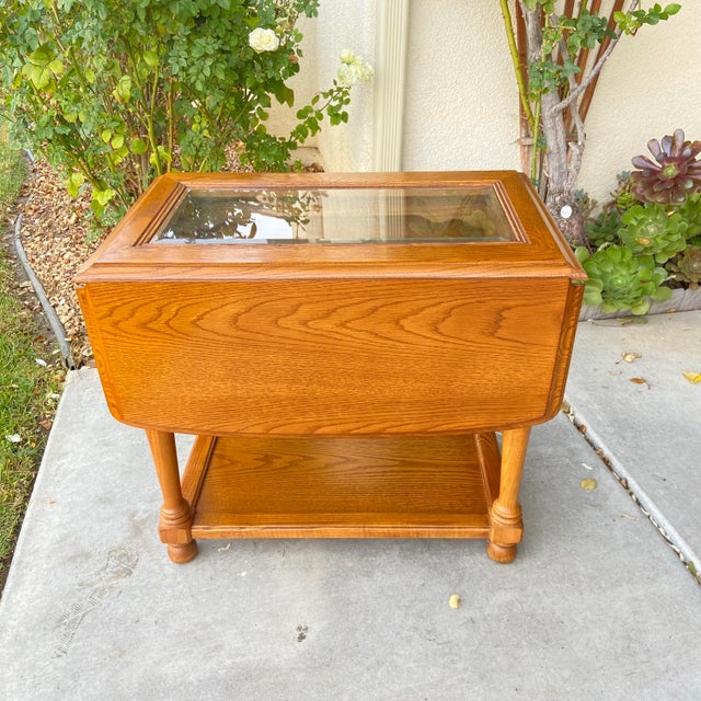 Wood 1980s Vintage Oak Drop Leaf Table With Glass Center For Sale - Image 7 of 10