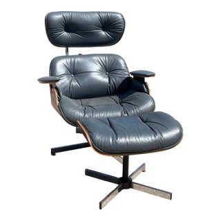 Mid-Century Modern Blue Leather Lounge Chair With Ottoman by Plycraft, c.1960’s For Sale