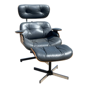 Mid-Century Modern Blue Leather Lounge Chair With Ottoman by Plycraft, c.1960’s
