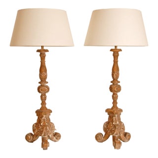 Vintage French Country Lamps Carved Wood a Pair For Sale