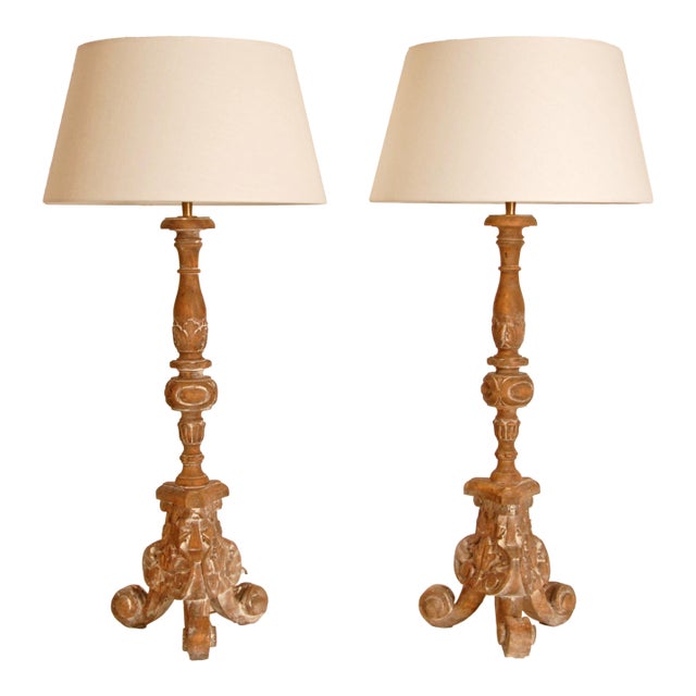 Vintage French Country Lamps Carved Wood a Pair For Sale