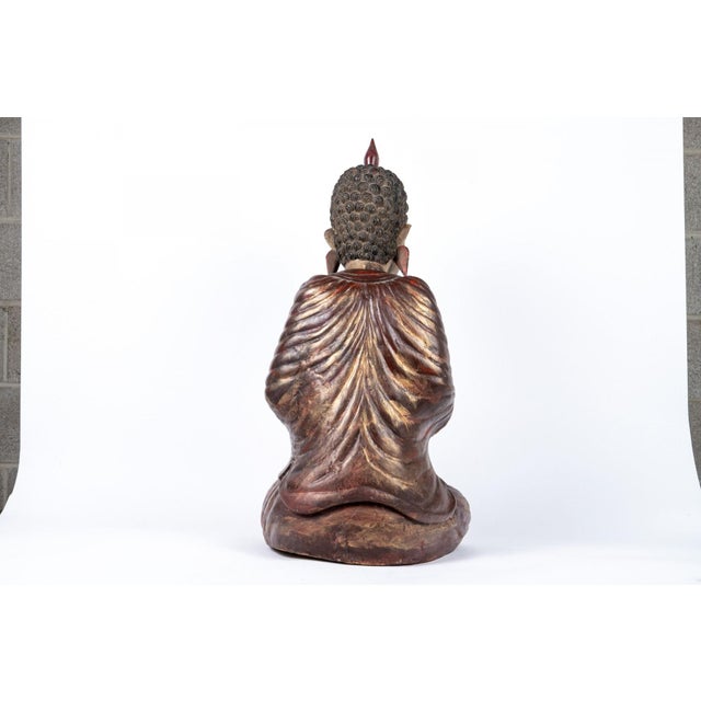 Chinese Antique Painted and Gilt Carved Seated Buddha Sculpture For Sale - Image 3 of 10