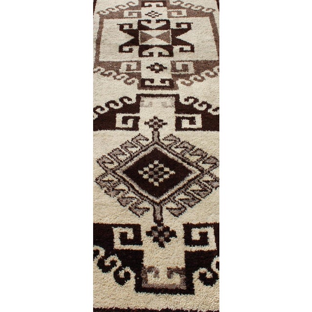 Bold Vintage Turkish Tulu Gallery Rug With Tribal Design in Dark Brown and Cream 3'4 X 11'2 For Sale In Atlanta - Image 6 of 12