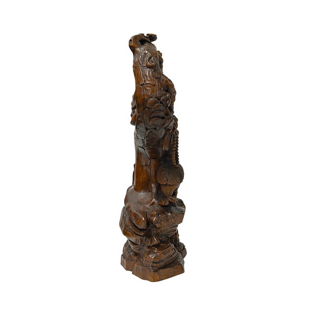 Legendary Sage Damo Bodhidharma on Pine With Crane Wood Art Figure For Sale - Image 4 of 9