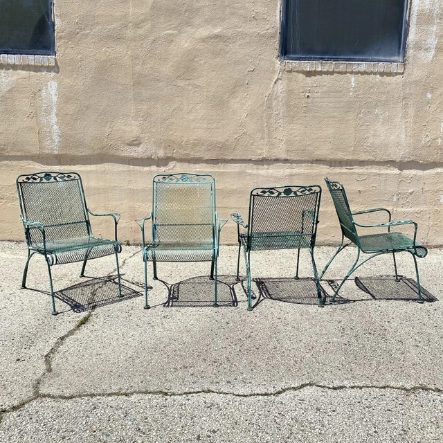 Victorian Vintage Woodard Style Wrought Iron Patio Dining Chairs & Round Pedestal Base Table, 5 Pieces For Sale - Image 3 of 12