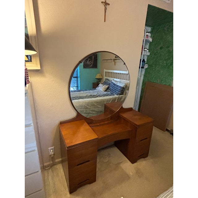 Mid-Century Modern 1940s Retro Vanity - Dressing Table/ Bar With Large Round Mirror For Sale - Image 3 of 7