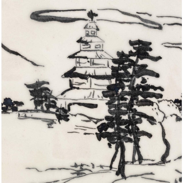 Carrie Robbins Set of Four Japanese Landscape Scene With Pagoda Tiles, 1958 For Sale - Image 4 of 8