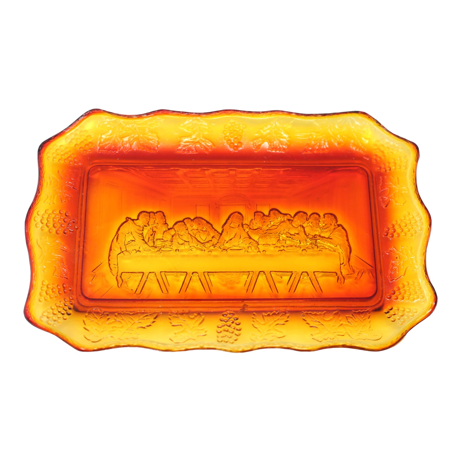 Vintage Amberina Orange Glass Bread Plate with the Last Supper