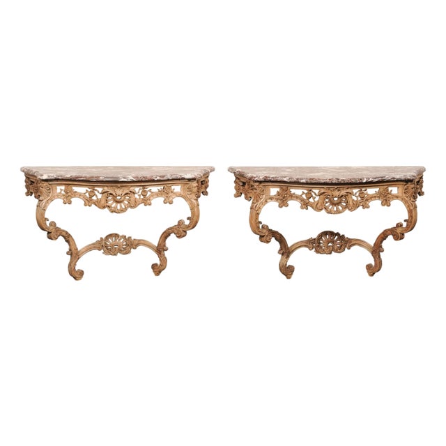 Early 19th Century French Rocaille Carved Marble Top Consoles For Sale