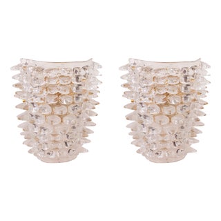 Large Clear Murano Glass Wall Lamps with Spikes and Gold Finish Frames, 1990s, Set of 2 For Sale