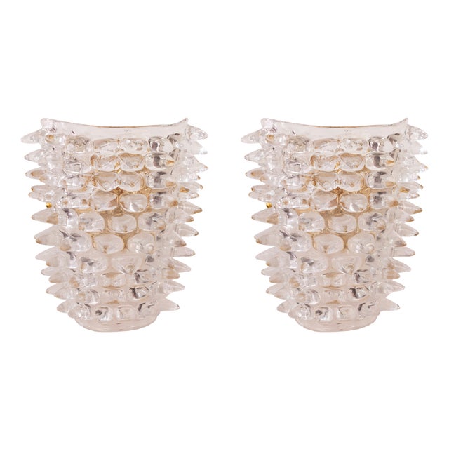 Large Clear Murano Glass Wall Lamps with Spikes and Gold Finish Frames, 1990s, Set of 2 For Sale