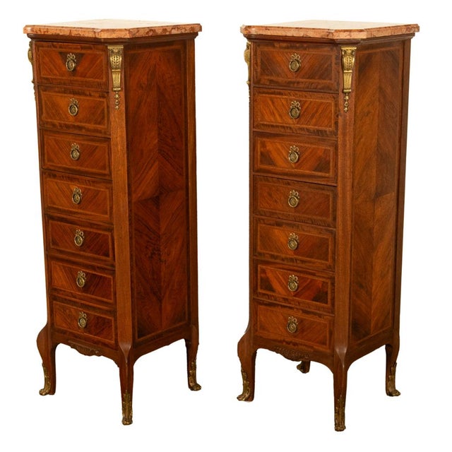 French Pair Antique French Semainier Ormolu Inlaid Lingerie Marble Chests Dressers 1900 For Sale - Image 3 of 18