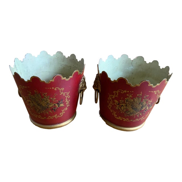 Pair of Early 20th Century French Napoleon III Style Red and Gold Toleware Cachepots For Sale