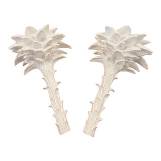 Vintage Palm Beach Pair Serge Roche Style Plaster Palm Frond Wall Light Sconces For Sale