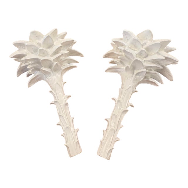 Vintage Palm Beach Pair Serge Roche Style Plaster Palm Frond Wall Light Sconces For Sale