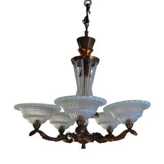 French Art Deco Chandelier in Opalescent Glass and Copper by Ezan-Petitot, 1930s For Sale