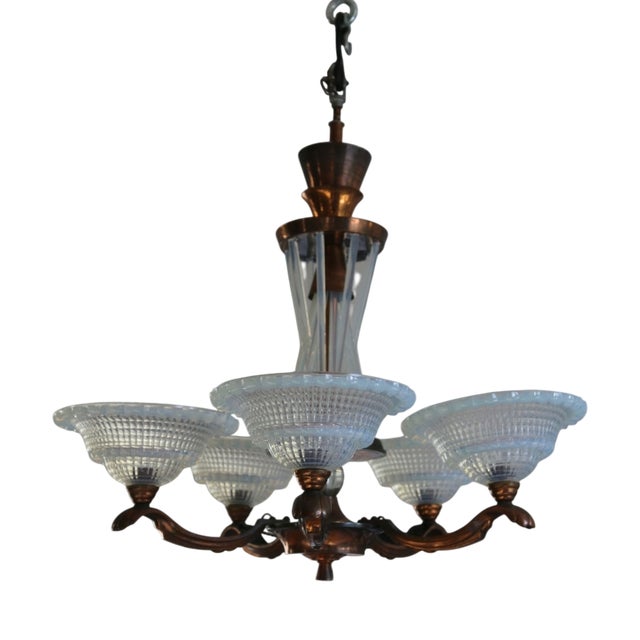 French Art Deco Chandelier in Opalescent Glass and Copper by Ezan-Petitot, 1930s For Sale