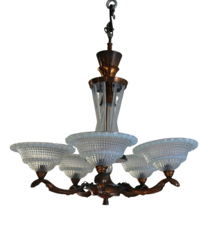 French Art Deco Chandelier in Opalescent Glass and Copper by Ezan-Petitot, 1930s