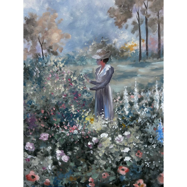 1960s Vintage Impressionist Garden Landscape With Woman by Elizabeth Horning for Ethan Allen For Sale - Image 5 of 11