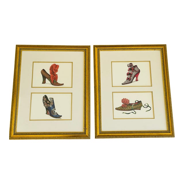 Vintage Antique Chromolithographs in Gold Frames Marie Antoinette Fashion Shoes - A Pair For Sale