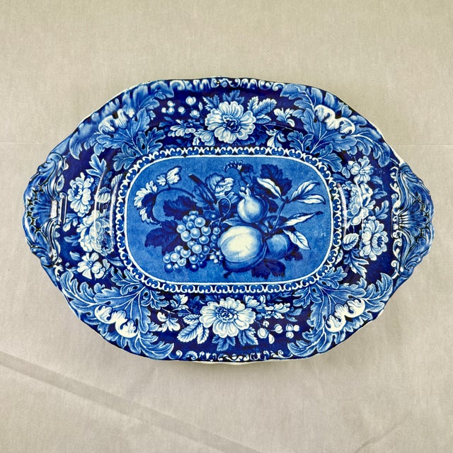 English Stubbs & Kent Georgian Cobalt Transferware ‘ Fruits and Flowers’ Platter, Circa 1830 For Sale - Image 3 of 16