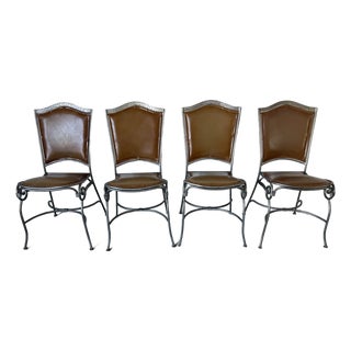 Palma Brava Wrought Iron & Brown Leather Dining Chairs – Set of 4 For Sale