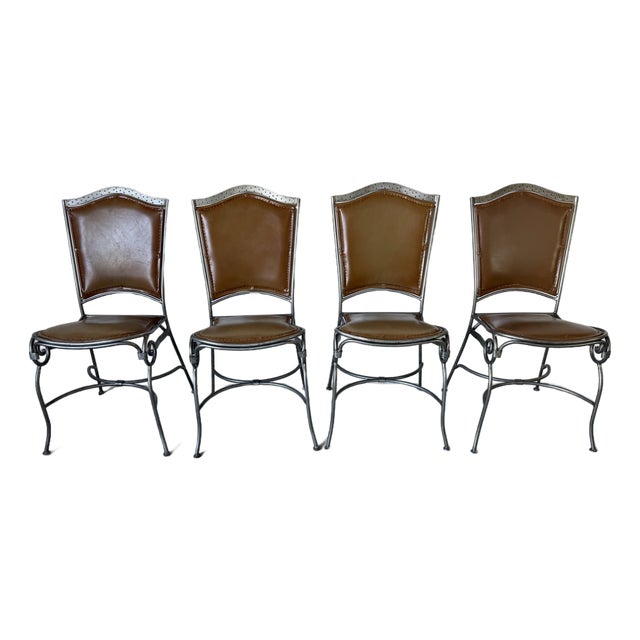 Palma Brava Wrought Iron & Brown Leather Dining Chairs – Set of 4 For Sale
