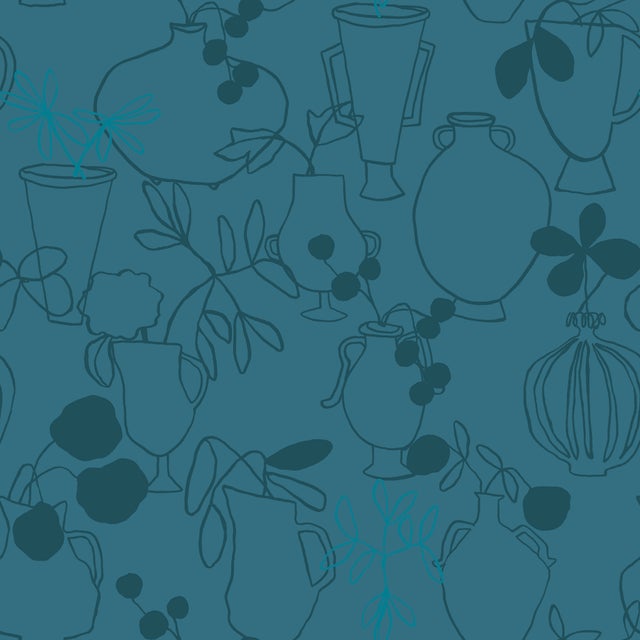 Contemporary Sample - Flower Vases Wallpaper by Susan Hable in Deep Teal For Sale - Image 3 of 3