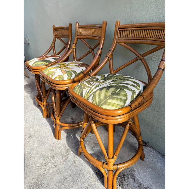 Dark Green 1960s Rare Trio of X-Back Bamboo Swivel Counter Stools (3) - Refurbished and Reupholstered For Sale - Image 8 of 12