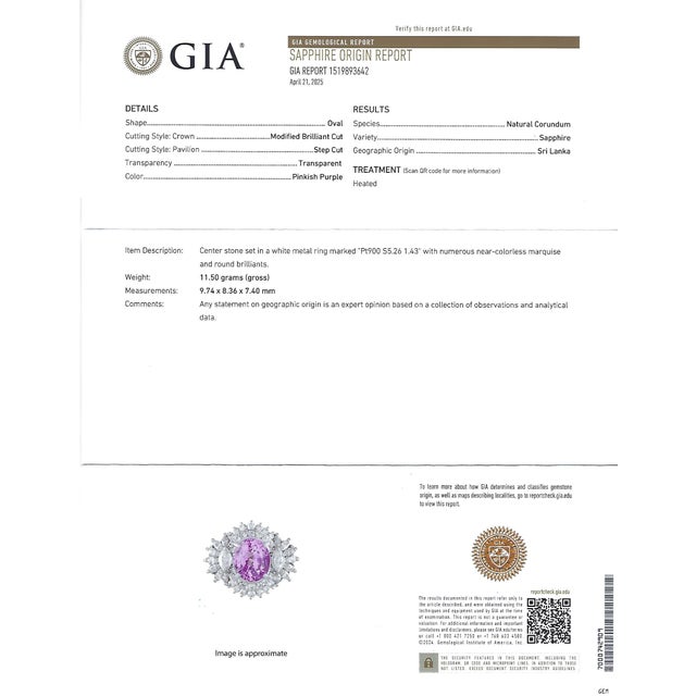 Modern Late 20th Century 5.26ct Purple Sapphire Gia Heated Ceylon 1.43ct Diamond Platinum Ring, Size 7 For Sale - Image 3 of 18