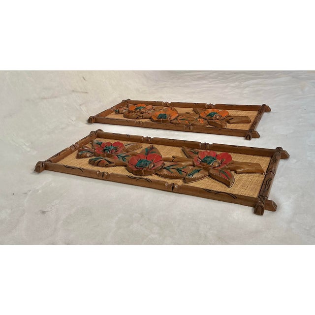 1960s Pair Mid Century Carved Wood Flower Art Wall Hanging Plaques, Tiki Bar Tropical Exotic Decor Circa 50s 60s For Sale - Image 5 of 12