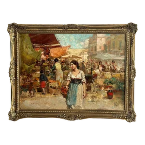 1920s Oil on Canvas of Italian Market Scene by Giuseppe Pitto