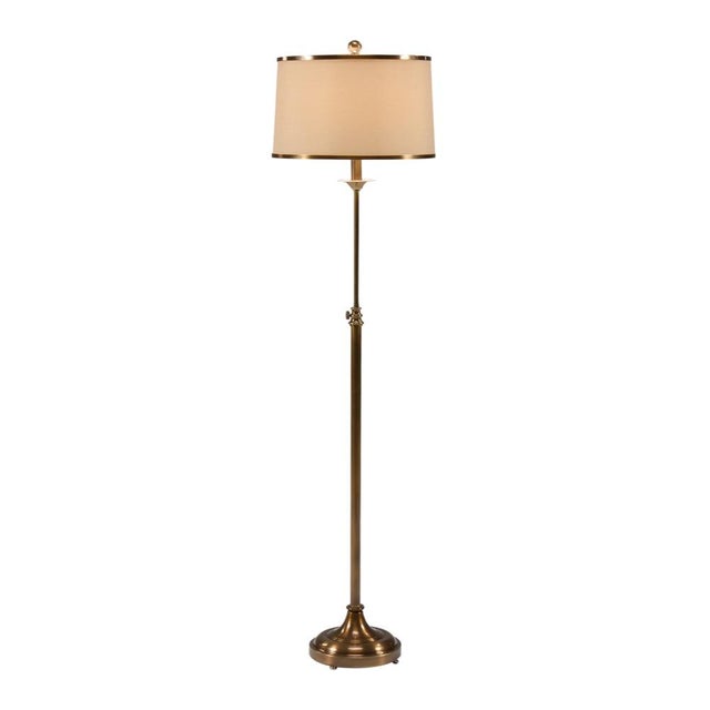 Antique brass patina on metal, adjustable from 46"-64" 64h x 9.3w x 9.3d Shade Dimensions: top(14) bottom(15) side(9)