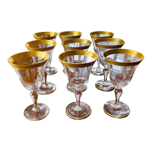 1950s Glastonbury-Lotus “Rambler Rose" Gold Encrusted Crystal Wine Glasses Set of 9 For Sale