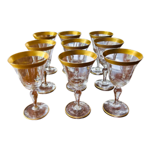 1950s Glastonbury-Lotus “Rambler Rose" Gold Encrusted Crystal Wine Glasses Set of 9